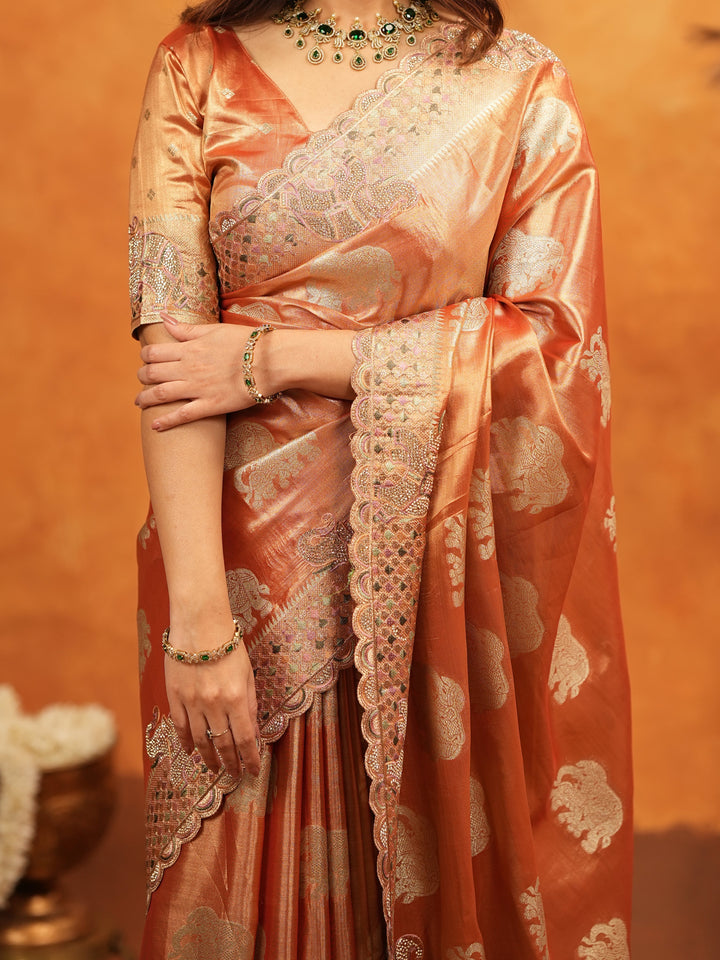 Rust Orange Tissue Silk Embroidered Saree with Zari Motifs & Designer Border | Heavy Embroidered Blouse with Tassels | Wedding & Festive Wear Saree