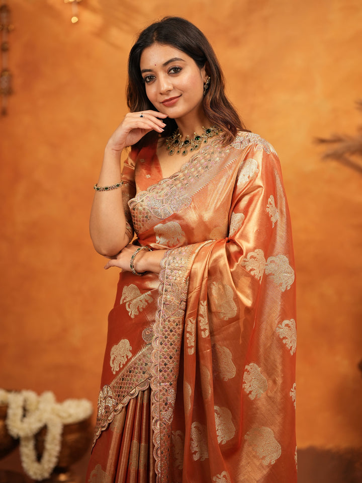 Rust Orange Tissue Silk Embroidered Saree with Zari Motifs & Designer Border | Heavy Embroidered Blouse with Tassels | Wedding & Festive Wear Saree