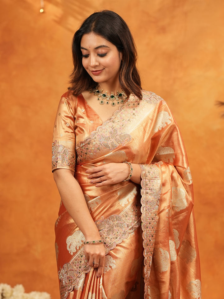 Rust Orange Tissue Silk Embroidered Saree with Zari Motifs & Designer Border | Heavy Embroidered Blouse with Tassels | Wedding & Festive Wear Saree