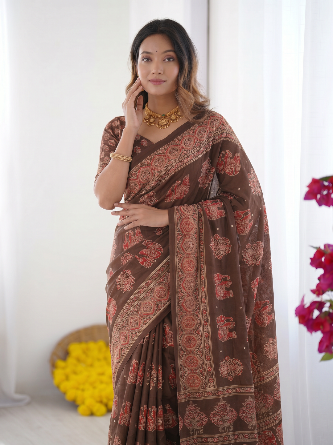 Chocolate Brown Modal Silk Saree with Elephant Motif Heritage Print &amp; Designer Pallu | Traditional Festive Wear Saree