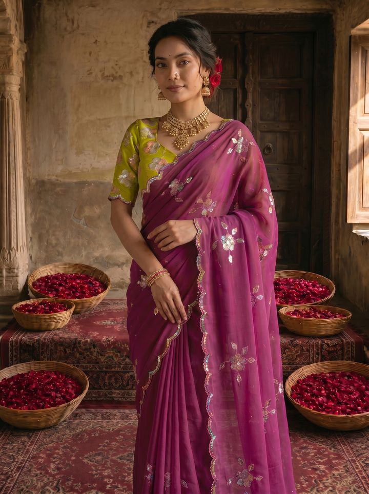 Magenta Purple Georgette Embroidered Saree with Floral Sequin Work &amp; Contrast Lime Green Blouse