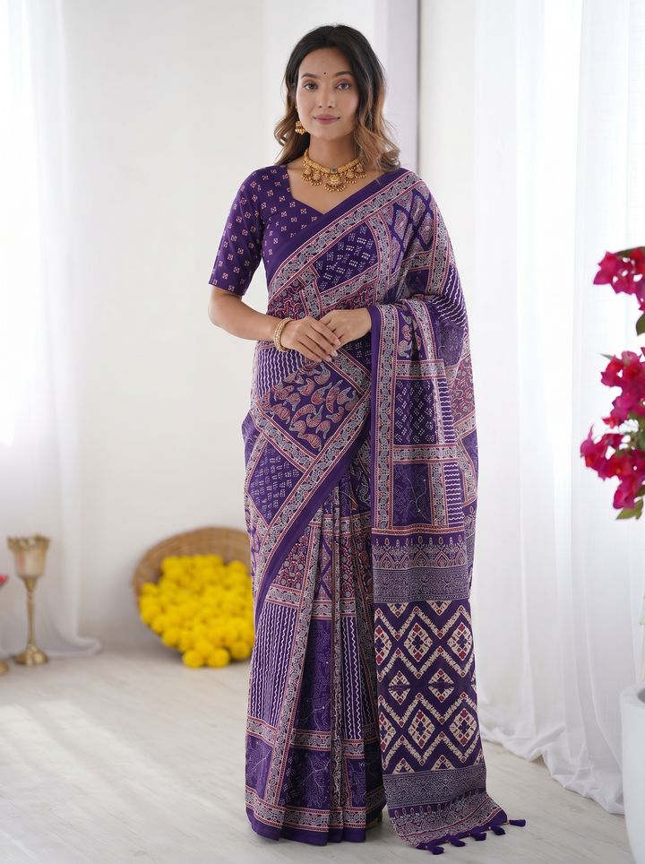 Royal Purple Modal Silk Saree with Tribal &amp; Geometric Print | Designer Ethnic Pallu Saree for Festive Wear