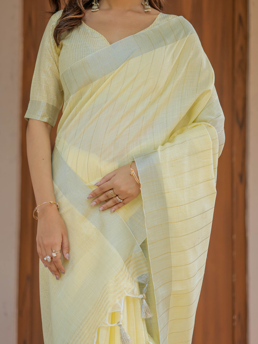 Sunshine Yellow Pure Handloom Cotton Saree with Subtle Striped Weaving & Tassel Detailing