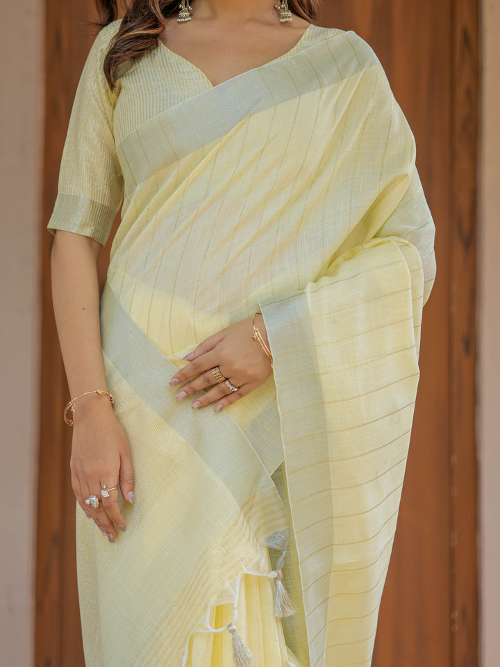 Sunshine Yellow Pure Handloom Cotton Saree with Subtle Striped Weaving & Tassel Detailing
