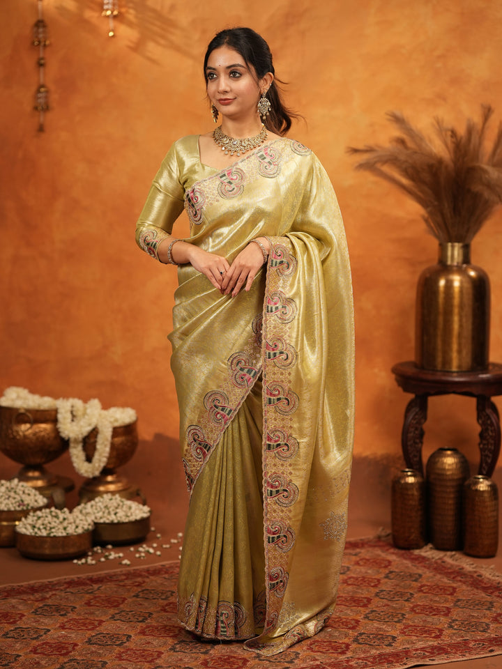 Olive Gold Banarasi Silk Embroidered Saree with Paisley Border & Zari Weaving | Heavy Embroidered Blouse with Tassels | Wedding & Festive Wear Saree