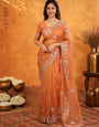 Burnt Orange Fendy Satin Embroidered Saree with Intricate Floral Border & Tassels | Premium Designer Saree with Heavy Embroidered Blouse