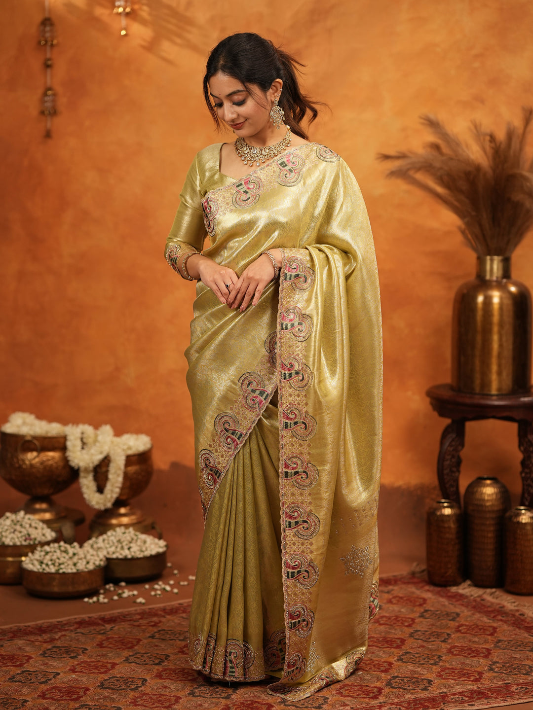 Olive Gold Banarasi Silk Embroidered Saree with Paisley Border & Zari Weaving | Heavy Embroidered Blouse with Tassels | Wedding & Festive Wear Saree