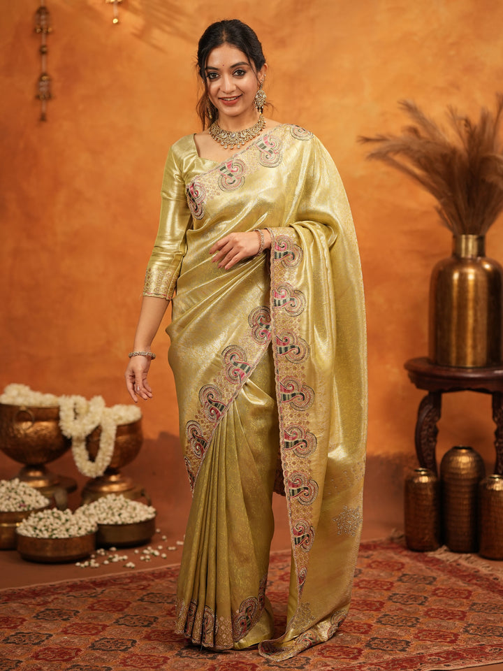 Olive Gold Banarasi Silk Embroidered Saree with Paisley Border & Zari Weaving | Heavy Embroidered Blouse with Tassels | Wedding & Festive Wear Saree