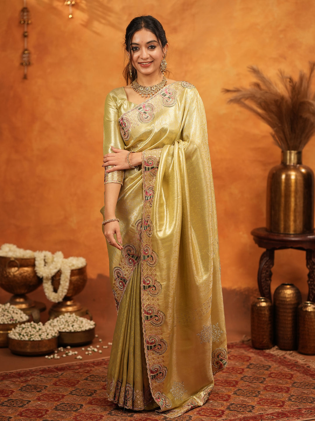 Olive Gold Banarasi Silk Embroidered Saree with Paisley Border & Zari Weaving | Heavy Embroidered Blouse with Tassels | Wedding & Festive Wear Saree