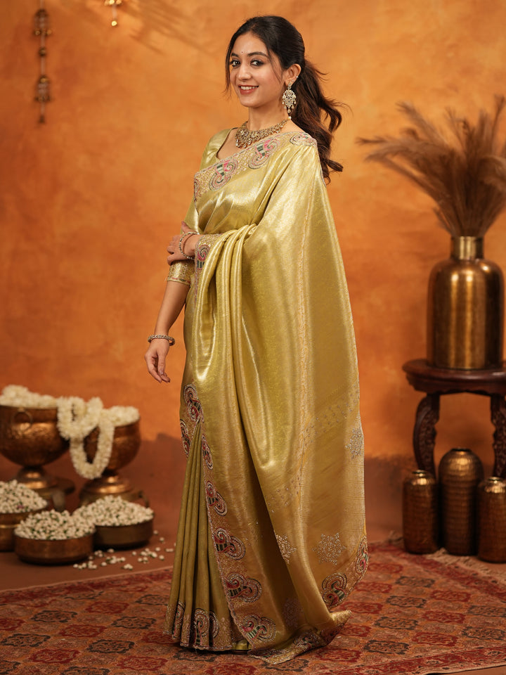 Olive Gold Banarasi Silk Embroidered Saree with Paisley Border & Zari Weaving | Heavy Embroidered Blouse with Tassels | Wedding & Festive Wear Saree
