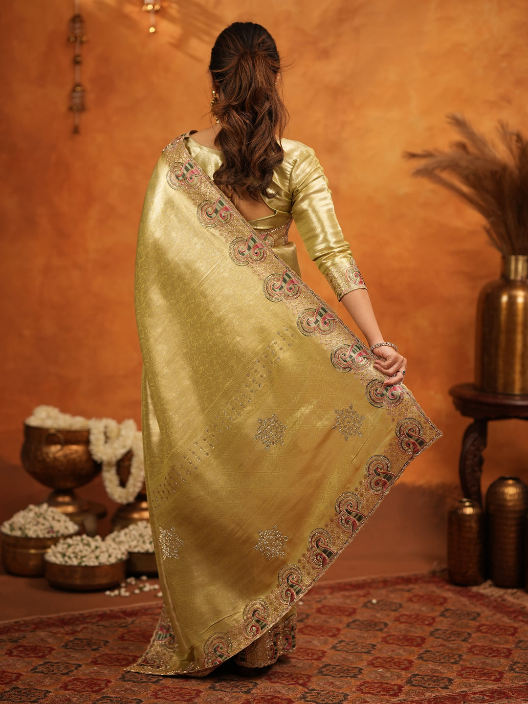 Olive Gold Banarasi Silk Embroidered Saree with Paisley Border & Zari Weaving | Heavy Embroidered Blouse with Tassels | Wedding & Festive Wear Saree