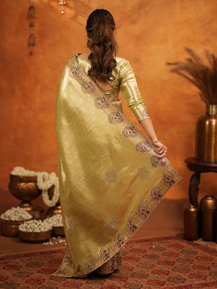 Olive Gold Banarasi Silk Embroidered Saree with Paisley Border & Zari Weaving | Heavy Embroidered Blouse with Tassels | Wedding & Festive Wear Saree