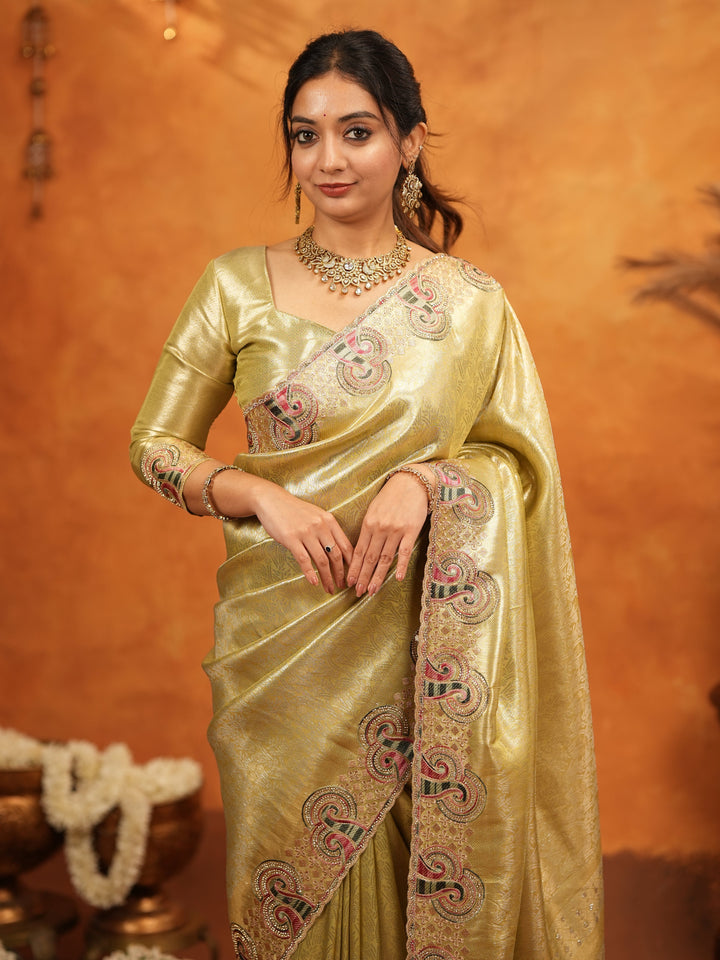 Olive Gold Banarasi Silk Embroidered Saree with Paisley Border & Zari Weaving | Heavy Embroidered Blouse with Tassels | Wedding & Festive Wear Saree