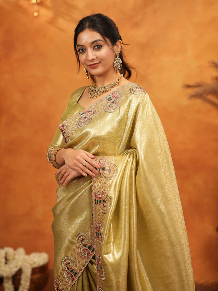 Olive Gold Banarasi Silk Embroidered Saree with Paisley Border & Zari Weaving | Heavy Embroidered Blouse with Tassels | Wedding & Festive Wear Saree