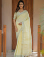 Sunshine Yellow Pure Handloom Cotton Saree with Subtle Striped Weaving & Tassel Detailing