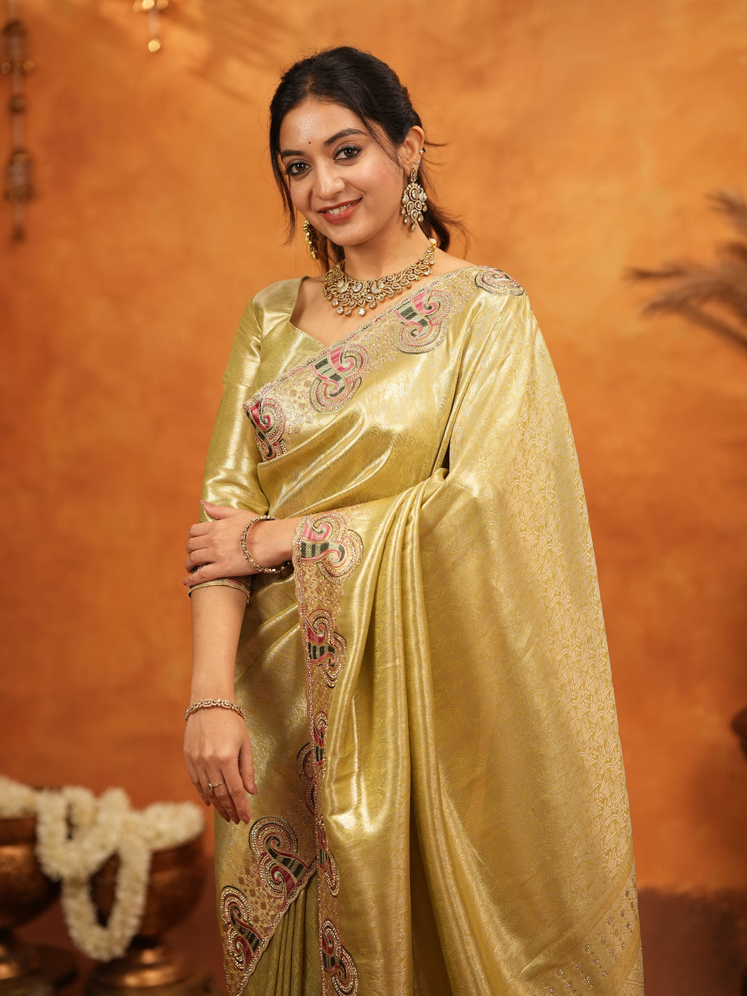 Olive Gold Banarasi Silk Embroidered Saree with Paisley Border & Zari Weaving | Heavy Embroidered Blouse with Tassels | Wedding & Festive Wear Saree
