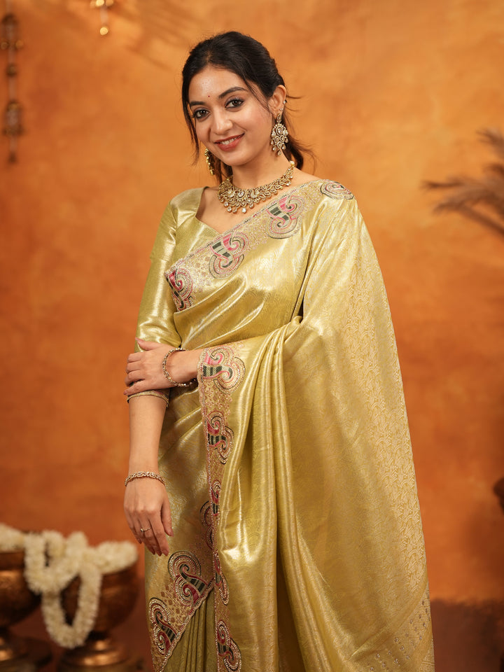 Olive Gold Banarasi Silk Embroidered Saree with Paisley Border & Zari Weaving | Heavy Embroidered Blouse with Tassels | Wedding & Festive Wear Saree