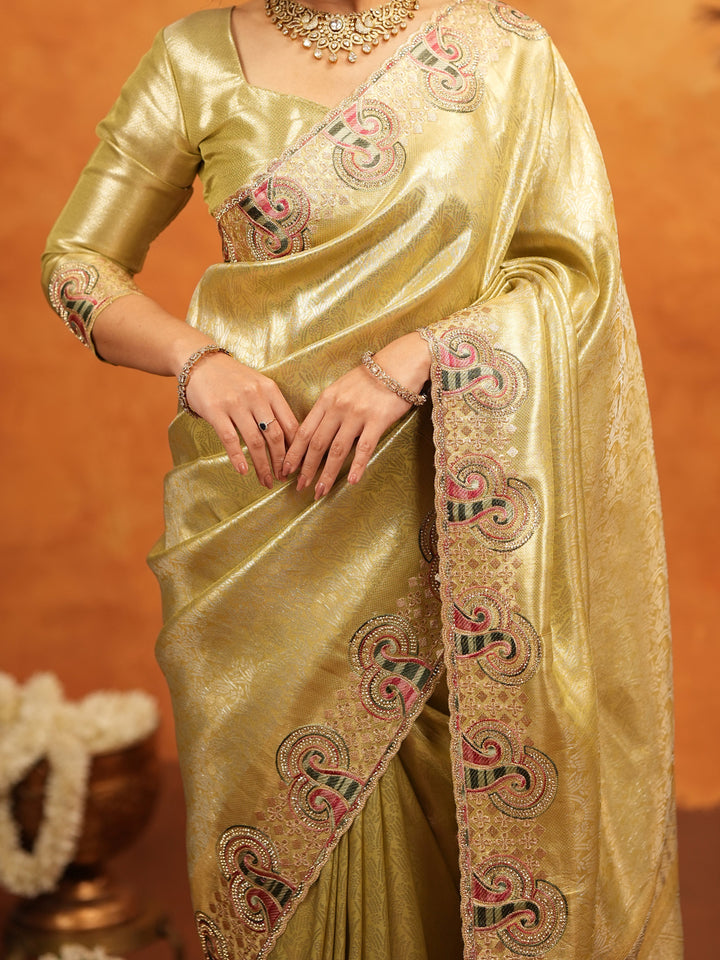 Olive Gold Banarasi Silk Embroidered Saree with Paisley Border & Zari Weaving | Heavy Embroidered Blouse with Tassels | Wedding & Festive Wear Saree