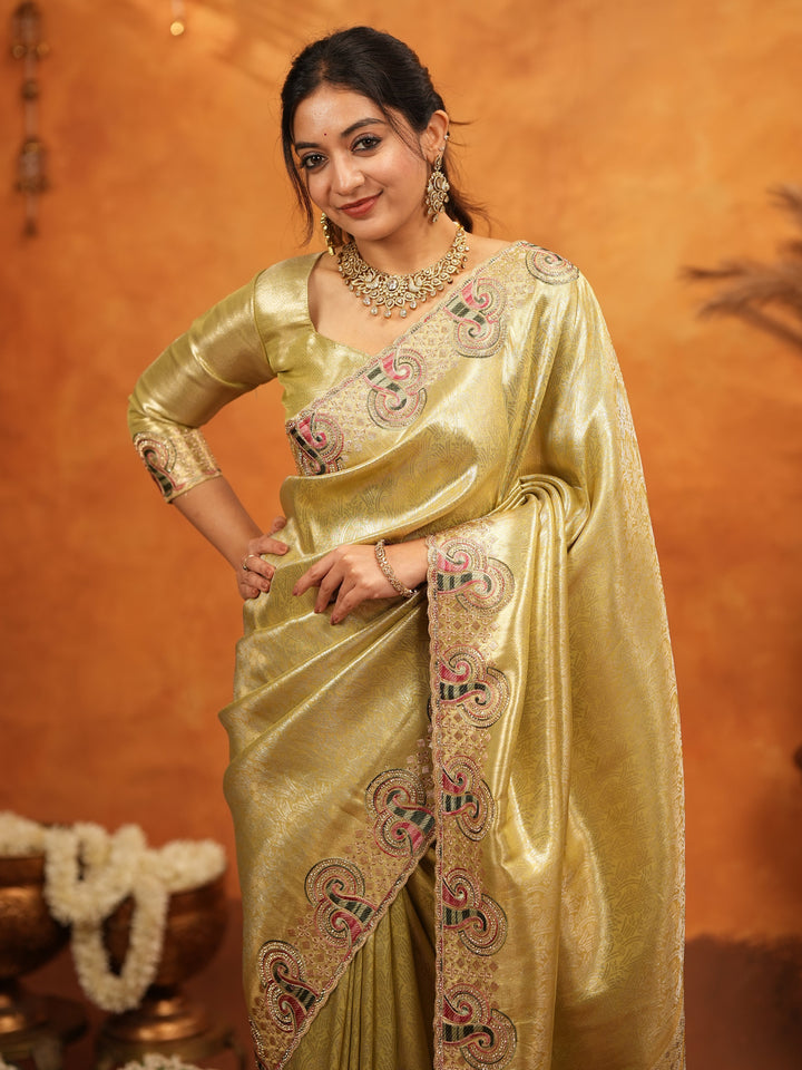 Olive Gold Banarasi Silk Embroidered Saree with Paisley Border & Zari Weaving | Heavy Embroidered Blouse with Tassels | Wedding & Festive Wear Saree