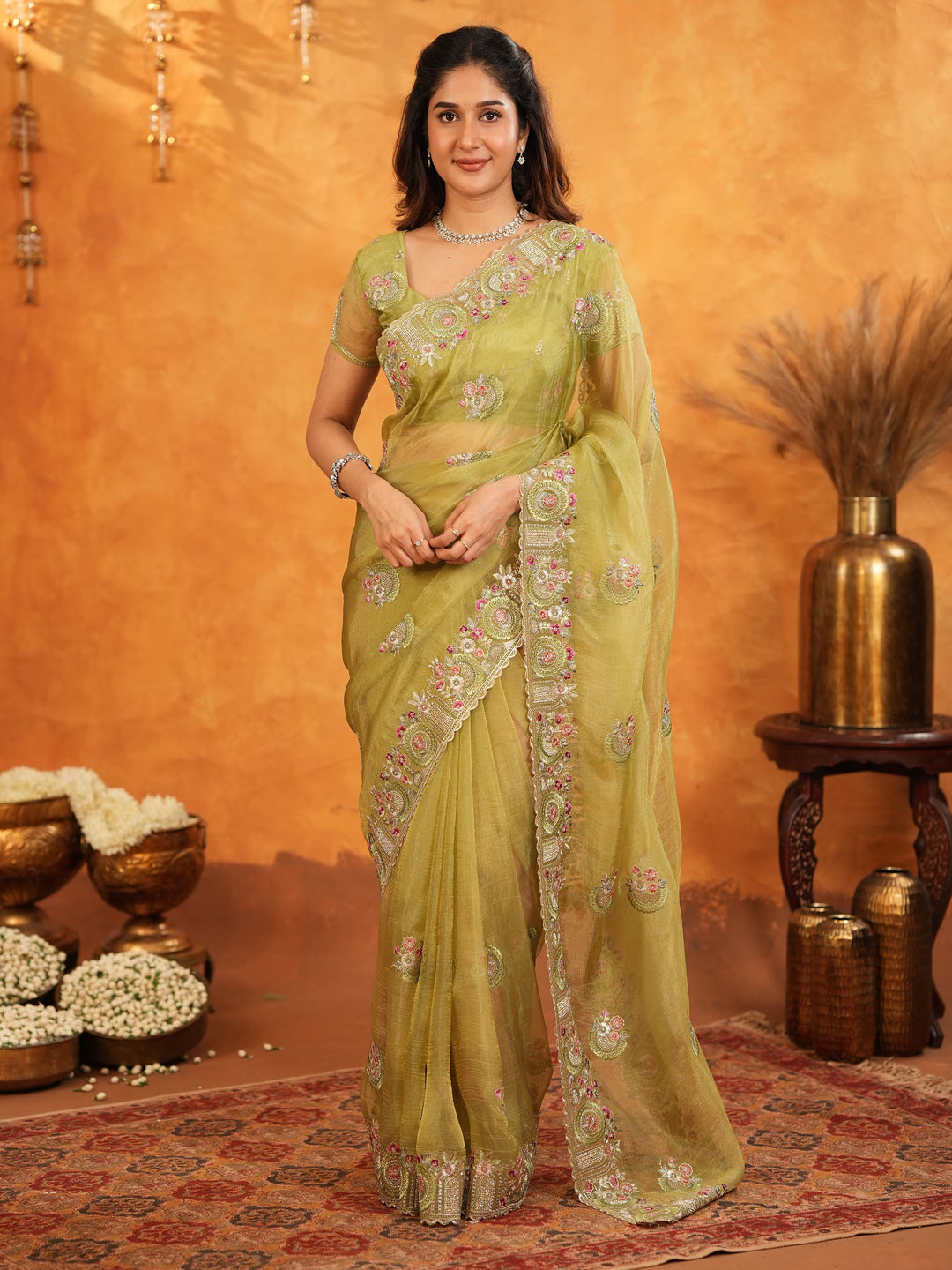 Olive Green Fendy Satin Embroidered Saree with Multicolor Floral Border & Tassels | Premium Designer Saree with Heavy Embroidered Blouse