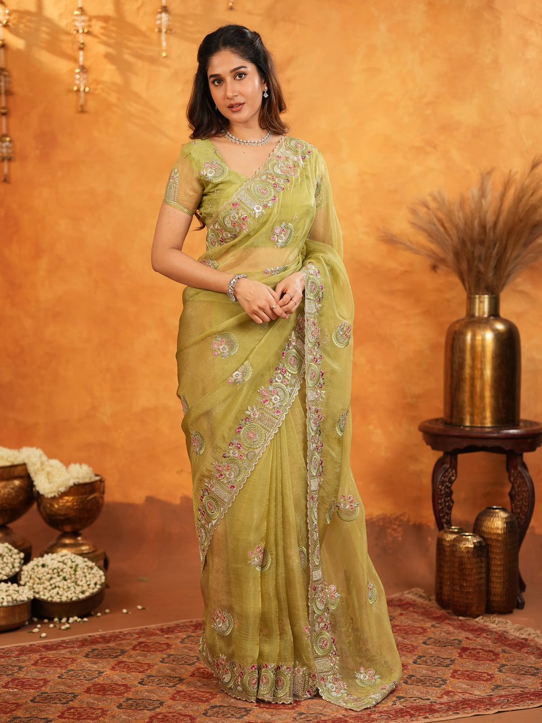 Olive Green Fendy Satin Embroidered Saree with Multicolor Floral Border & Tassels | Premium Designer Saree with Heavy Embroidered Blouse