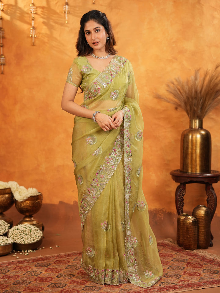 Olive Green Fendy Satin Embroidered Saree with Multicolor Floral Border & Tassels | Premium Designer Saree with Heavy Embroidered Blouse