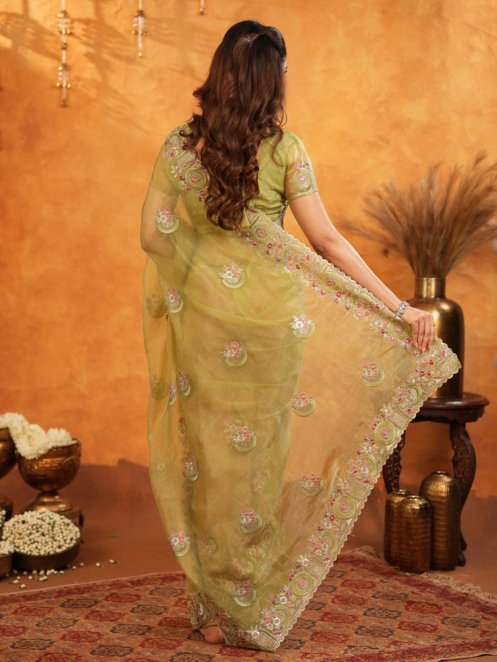Olive Green Fendy Satin Embroidered Saree with Multicolor Floral Border & Tassels | Premium Designer Saree with Heavy Embroidered Blouse