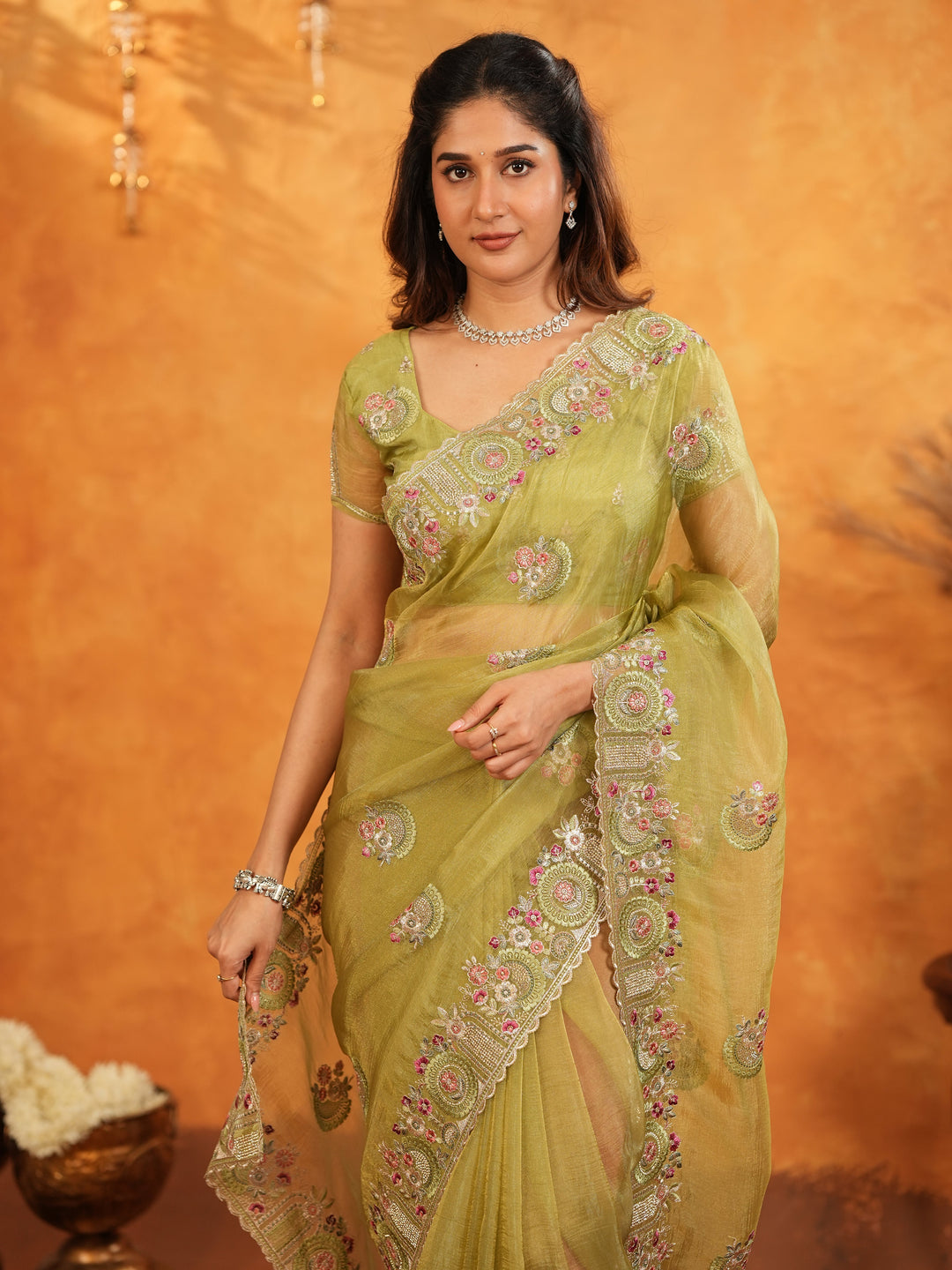 Olive Green Fendy Satin Embroidered Saree with Multicolor Floral Border & Tassels | Premium Designer Saree with Heavy Embroidered Blouse
