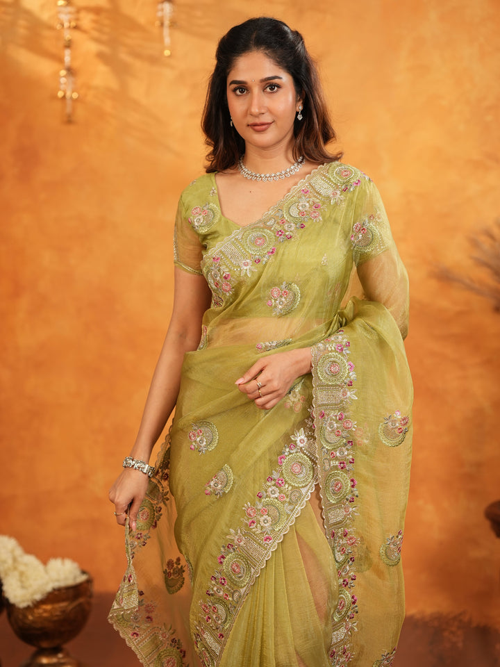 Olive Green Fendy Satin Embroidered Saree with Multicolor Floral Border & Tassels | Premium Designer Saree with Heavy Embroidered Blouse