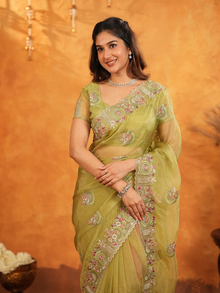 Olive Green Fendy Satin Embroidered Saree with Multicolor Floral Border & Tassels | Premium Designer Saree with Heavy Embroidered Blouse