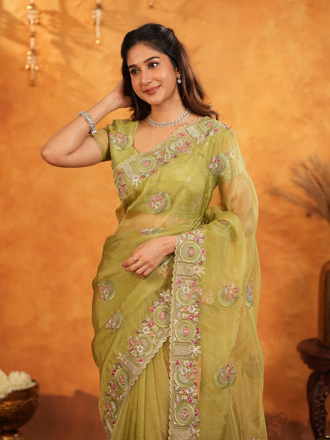 Olive Green Fendy Satin Embroidered Saree with Multicolor Floral Border & Tassels | Premium Designer Saree with Heavy Embroidered Blouse