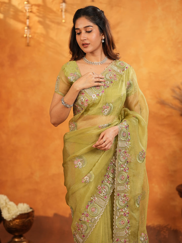 Olive Green Fendy Satin Embroidered Saree with Multicolor Floral Border & Tassels | Premium Designer Saree with Heavy Embroidered Blouse