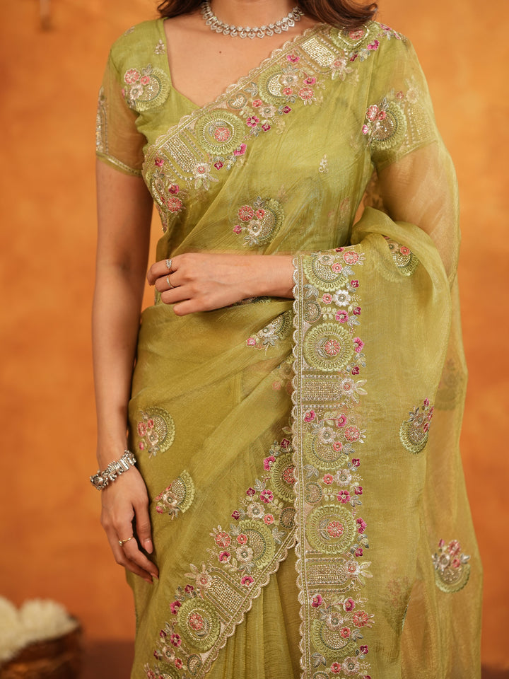 Olive Green Fendy Satin Embroidered Saree with Multicolor Floral Border & Tassels | Premium Designer Saree with Heavy Embroidered Blouse