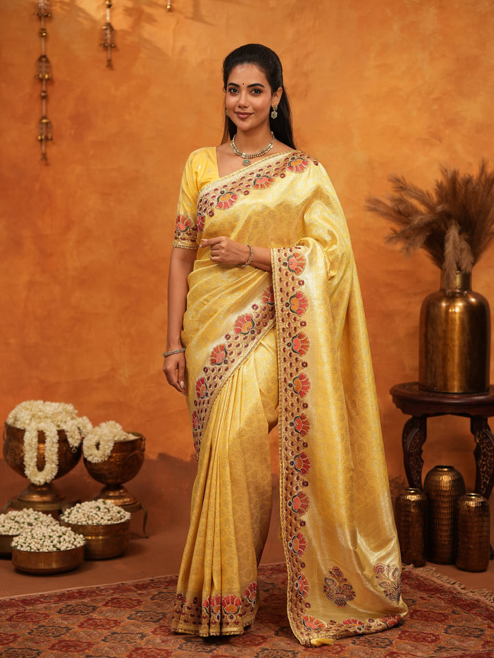 Royal Mustard Yellow Banarasi Silk Saree with Peacock Floral Embroidered Border & Zari Weaving | Festive Wedding Wear Designer Saree