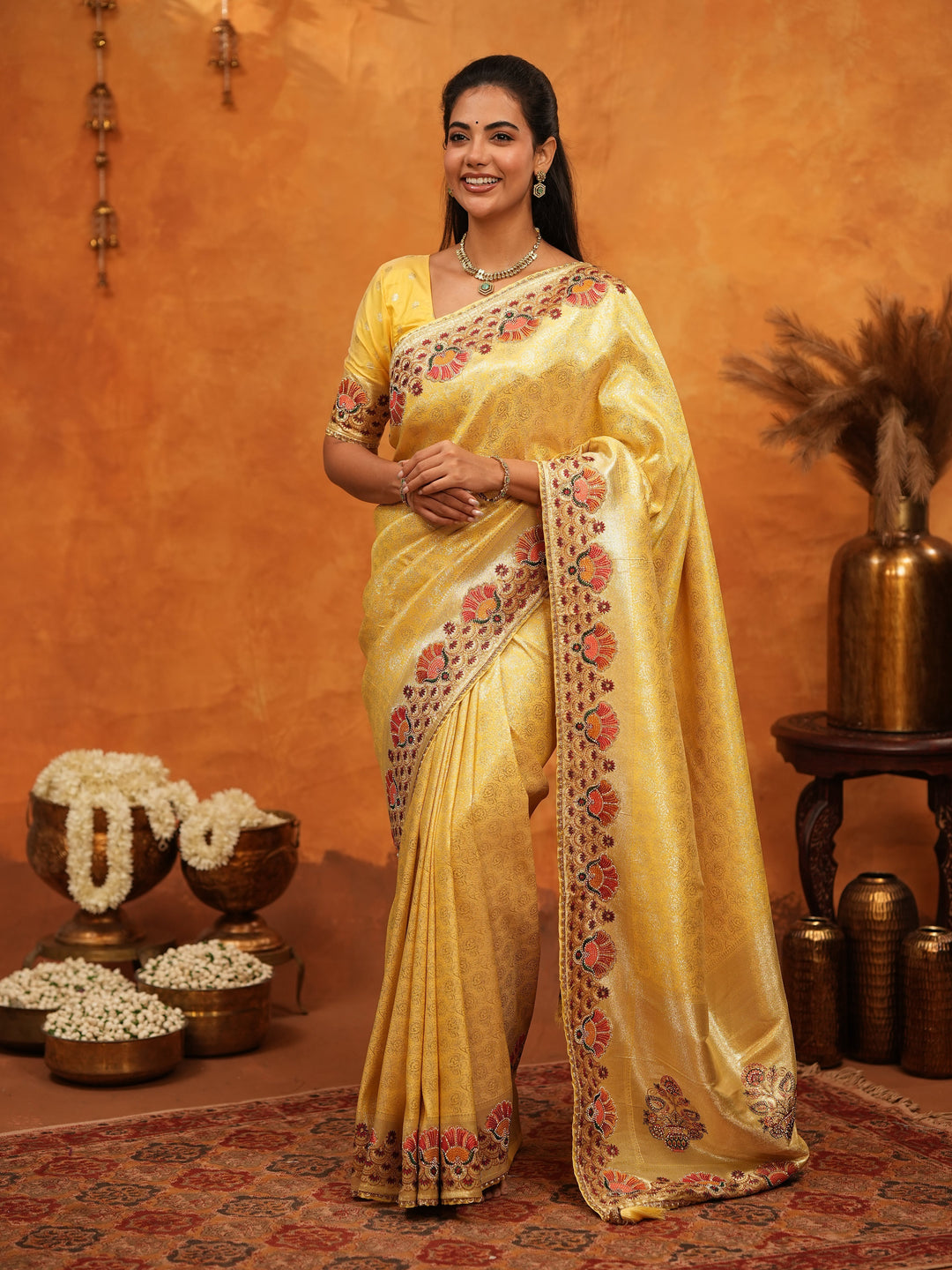 Royal Mustard Yellow Banarasi Silk Saree with Peacock Floral Embroidered Border & Zari Weaving | Festive Wedding Wear Designer Saree