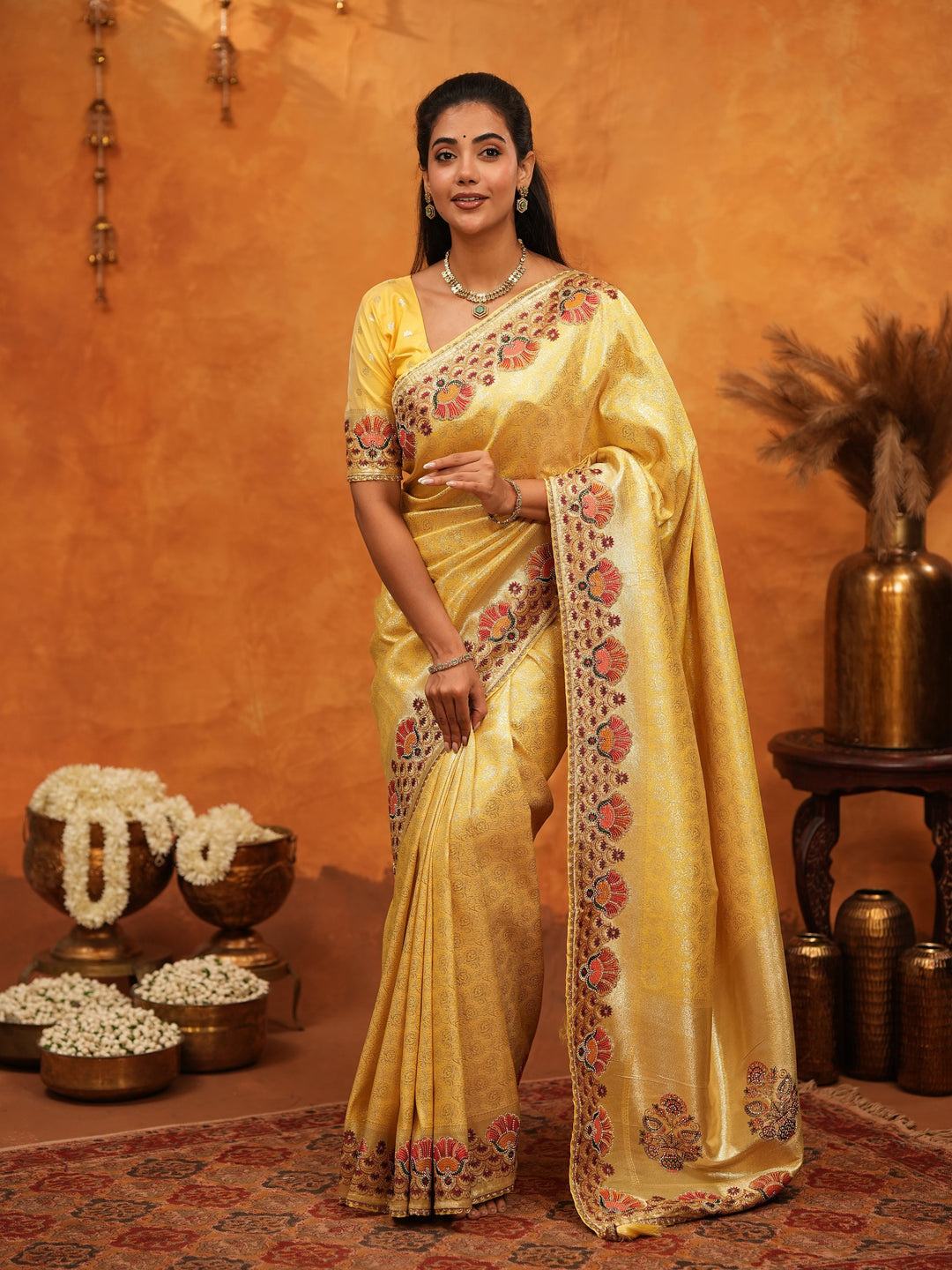 Royal Mustard Yellow Banarasi Silk Saree with Peacock Floral Embroidered Border & Zari Weaving | Festive Wedding Wear Designer Saree
