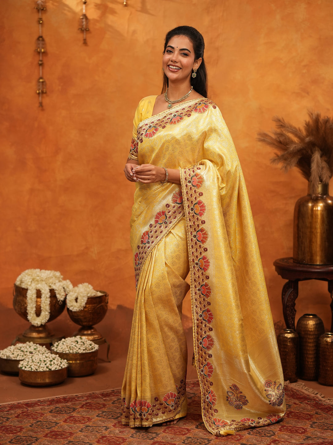Royal Mustard Yellow Banarasi Silk Saree with Peacock Floral Embroidered Border & Zari Weaving | Festive Wedding Wear Designer Saree