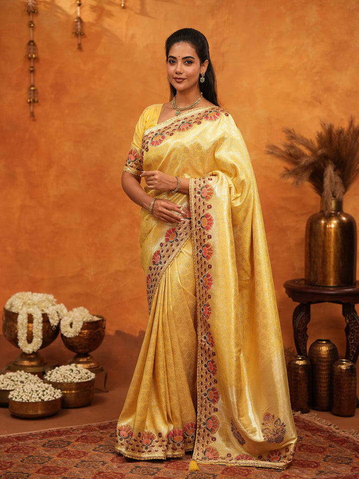 Royal Mustard Yellow Banarasi Silk Saree with Peacock Floral Embroidered Border & Zari Weaving | Festive Wedding Wear Designer Saree