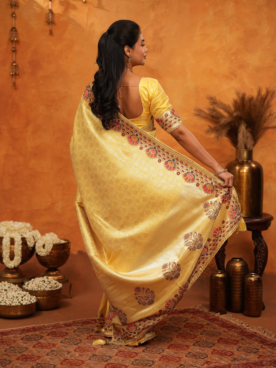 Royal Mustard Yellow Banarasi Silk Saree with Peacock Floral Embroidered Border & Zari Weaving | Festive Wedding Wear Designer Saree