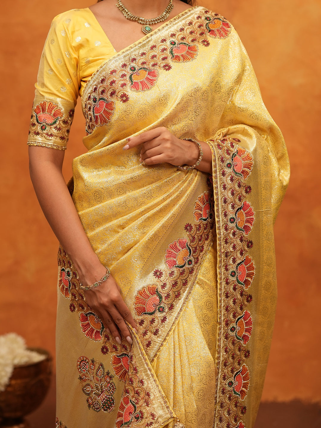 Royal Mustard Yellow Banarasi Silk Saree with Peacock Floral Embroidered Border & Zari Weaving | Festive Wedding Wear Designer Saree