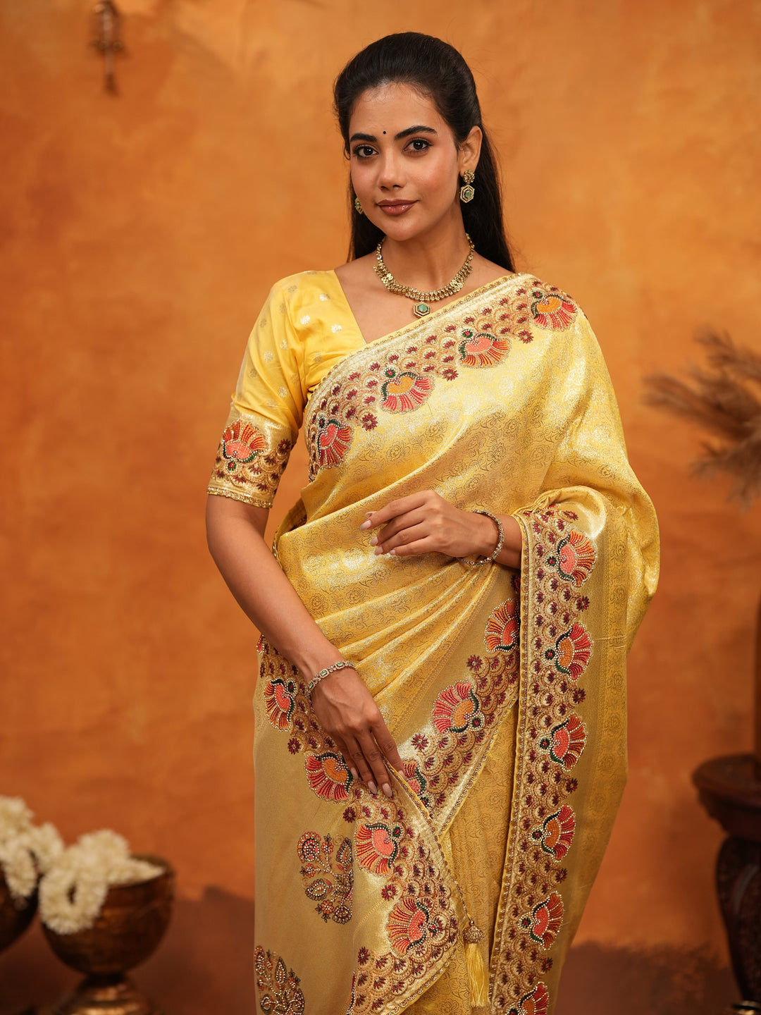 Royal Mustard Yellow Banarasi Silk Saree with Peacock Floral Embroidered Border & Zari Weaving | Festive Wedding Wear Designer Saree