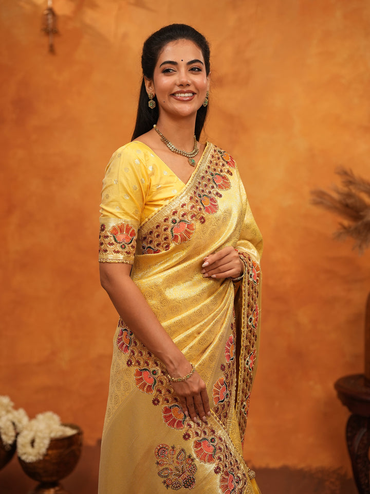 Royal Mustard Yellow Banarasi Silk Saree with Peacock Floral Embroidered Border & Zari Weaving | Festive Wedding Wear Designer Saree