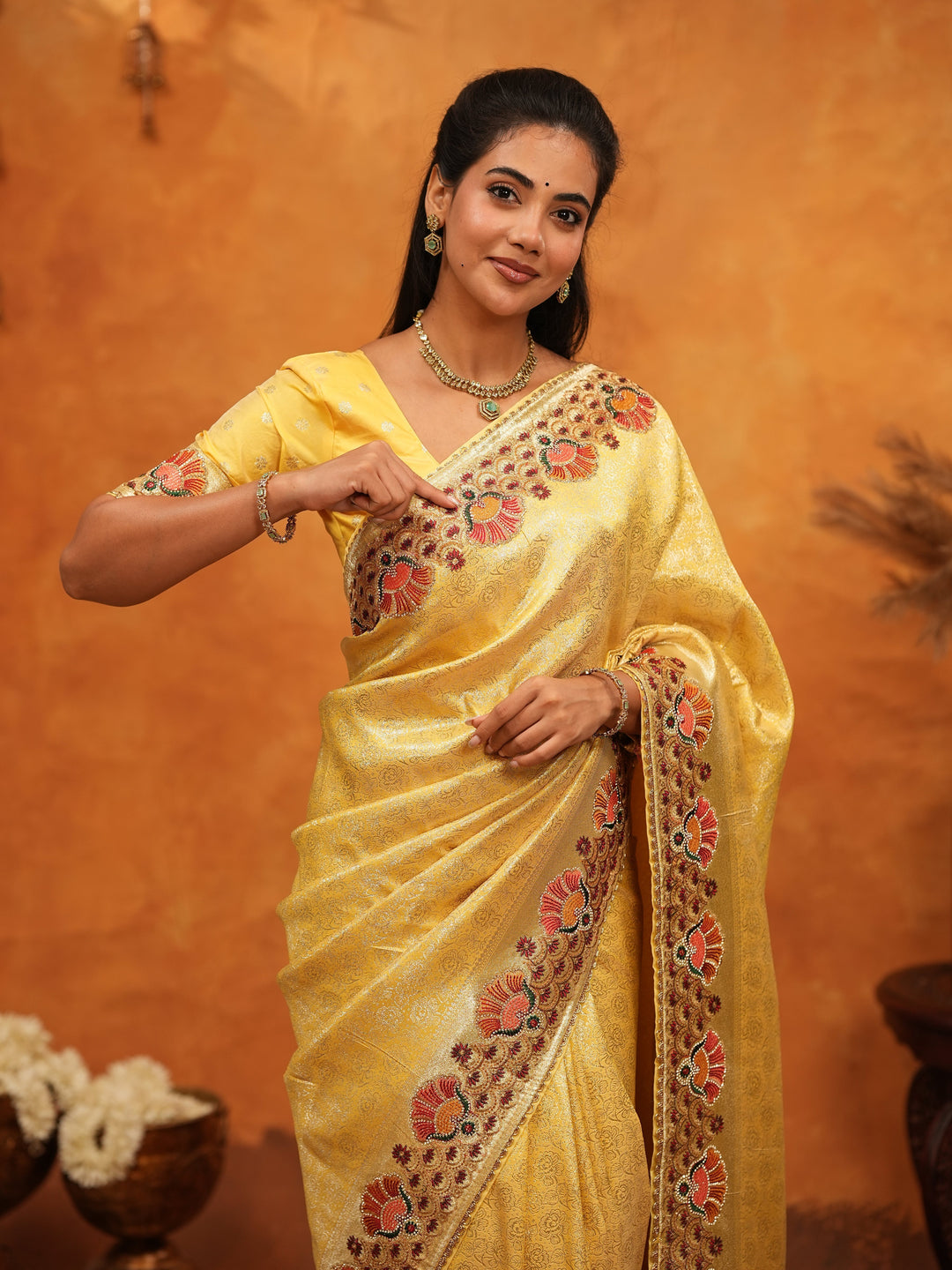 Royal Mustard Yellow Banarasi Silk Saree with Peacock Floral Embroidered Border & Zari Weaving | Festive Wedding Wear Designer Saree
