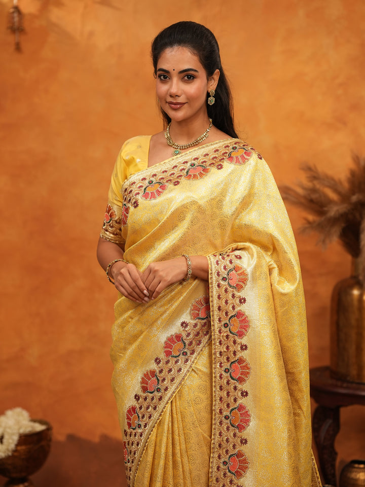Royal Mustard Yellow Banarasi Silk Saree with Peacock Floral Embroidered Border & Zari Weaving | Festive Wedding Wear Designer Saree