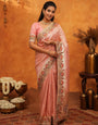 Soft Peach Pink Banarasi Silk Saree with Multicolor Peacock Floral Embroidered Border & Zari Weaving | Elegant Festive Wedding Wear Saree