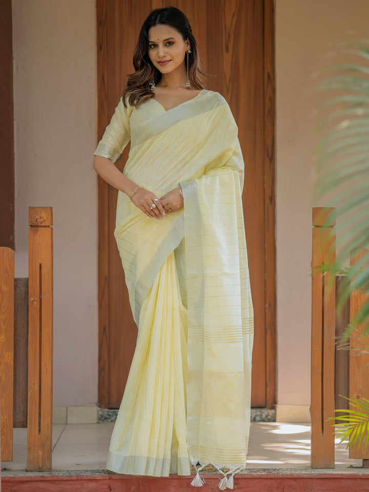 Sunshine Yellow Pure Handloom Cotton Saree with Subtle Striped Weaving & Tassel Detailing