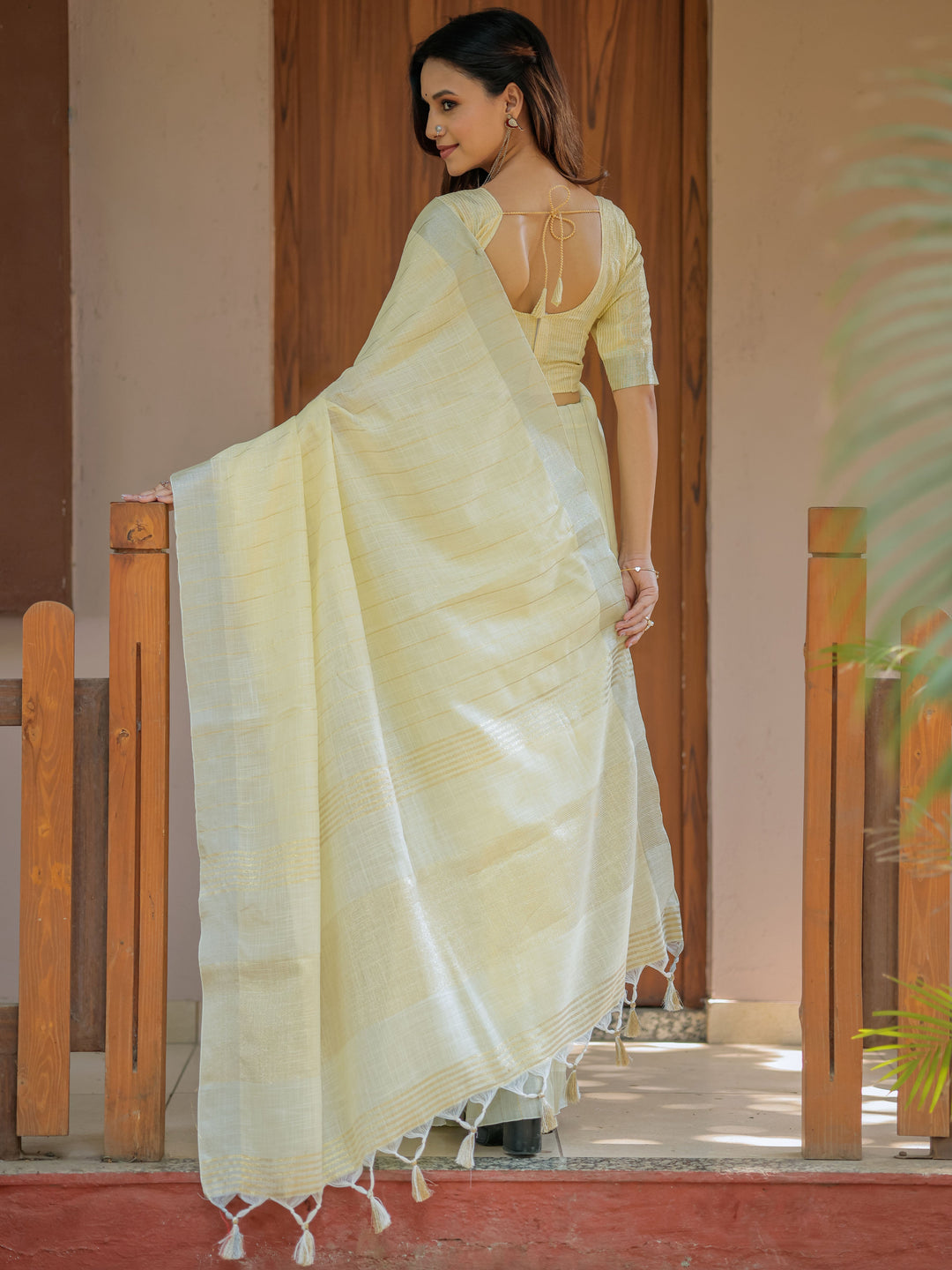 Sunshine Yellow Pure Handloom Cotton Saree with Subtle Striped Weaving & Tassel Detailing