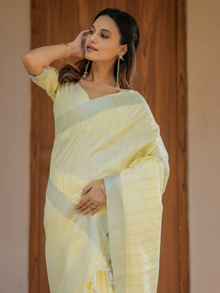 Sunshine Yellow Pure Handloom Cotton Saree with Subtle Striped Weaving & Tassel Detailing