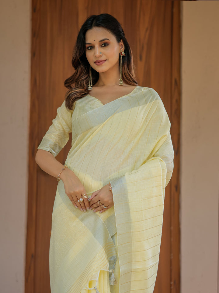 Sunshine Yellow Pure Handloom Cotton Saree with Subtle Striped Weaving & Tassel Detailing
