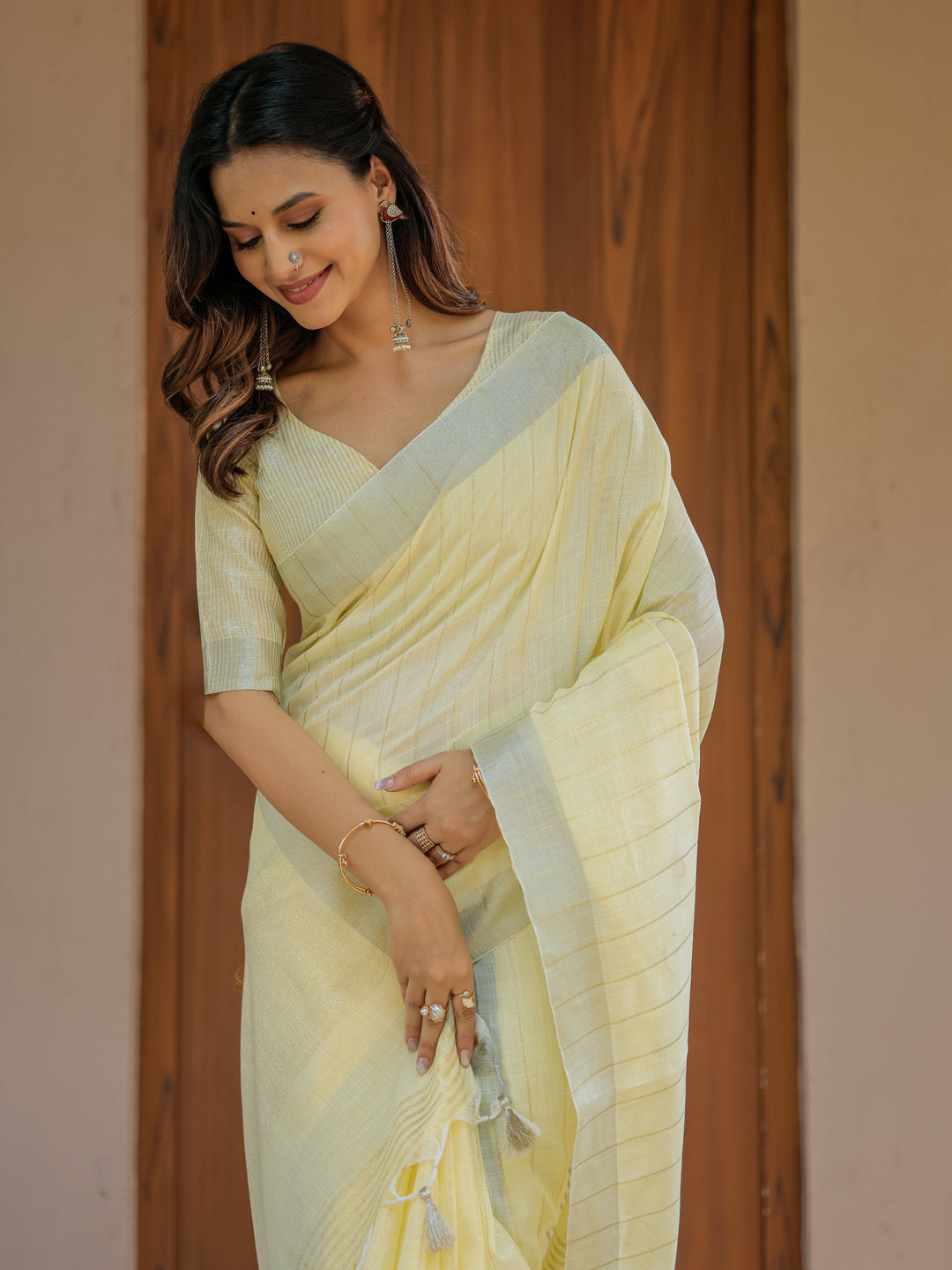 Sunshine Yellow Pure Handloom Cotton Saree with Subtle Striped Weaving & Tassel Detailing